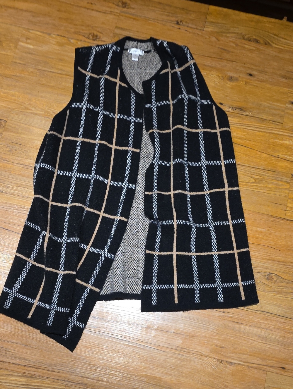 CJ Banks Black Windowpane Cardigan Vest with Tan & White Grid